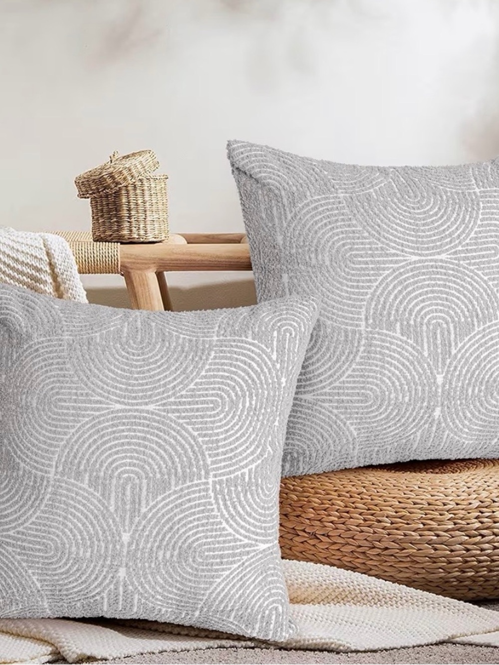 Textured Geometric Throw Pillow Cover Pair in Light Gray